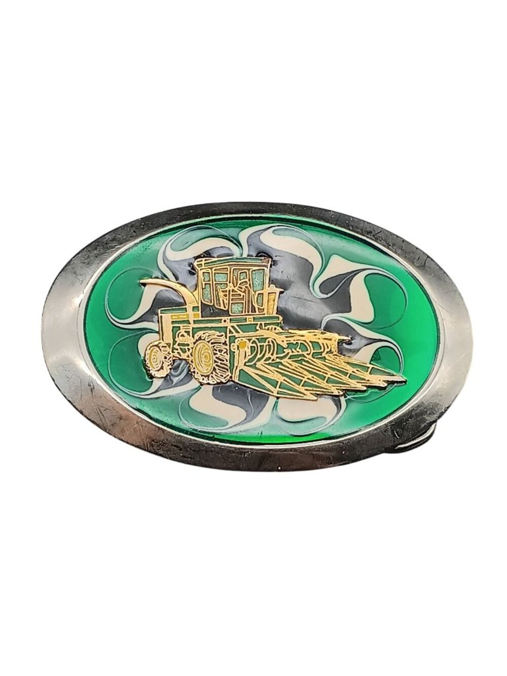 Vintage Belt Buckle with John Deere Combine Tractor Design in Green & Gold Oval